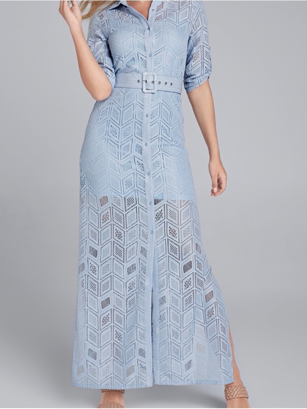 Venus Light Blue Geometric Lace Maxi Shirt Dress with Belt Beachy Dress SZ 8/10